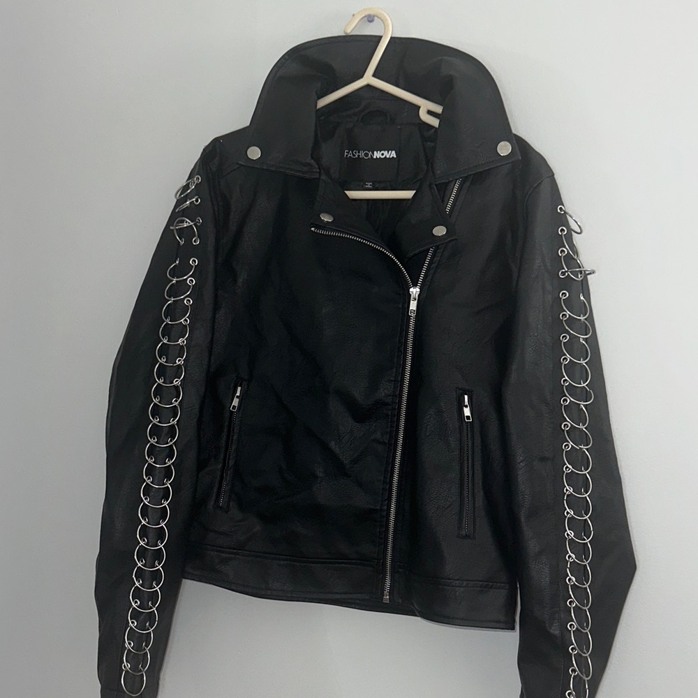 Fashion Nova Edgy Black Leather Jacket with Silver Details